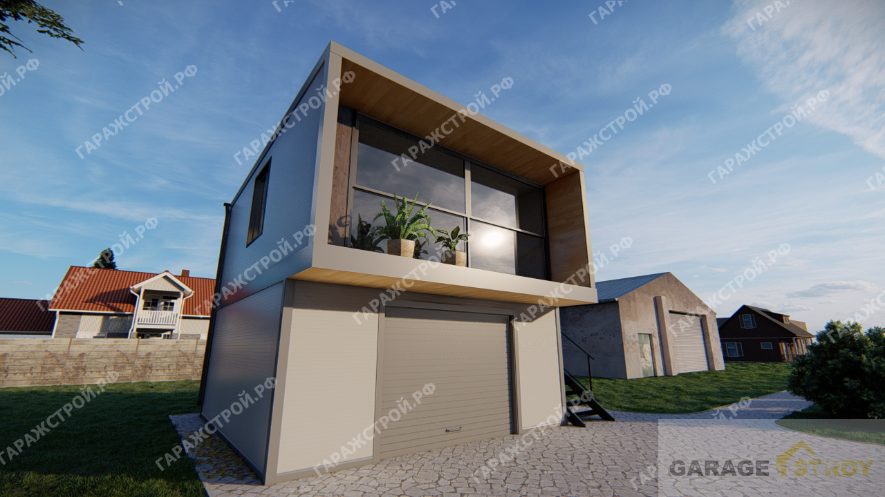 Каркасный дом с гаражом 6x6м.с серым сайдингом - вид спереди