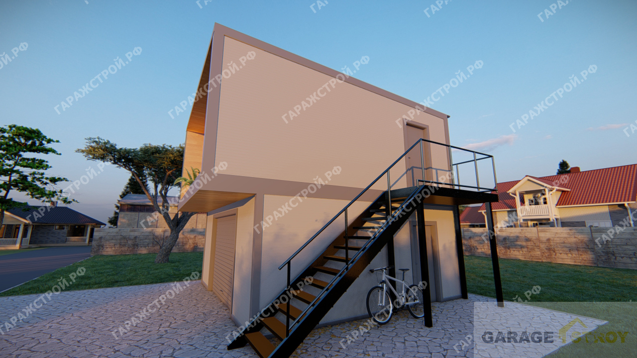 Каркасный дом с гаражом 6x6м. с серым сайдингом - вид сбоку