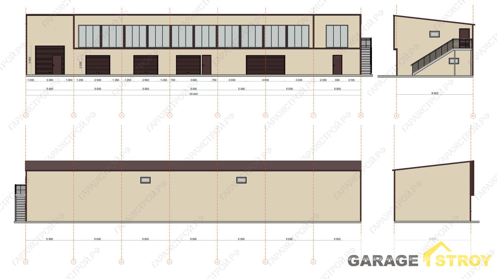 Двухэтажный дом комплекс 8х35м. - схематический вид
Строительство гаражного комплекса - ГаражСтрой.РФ
